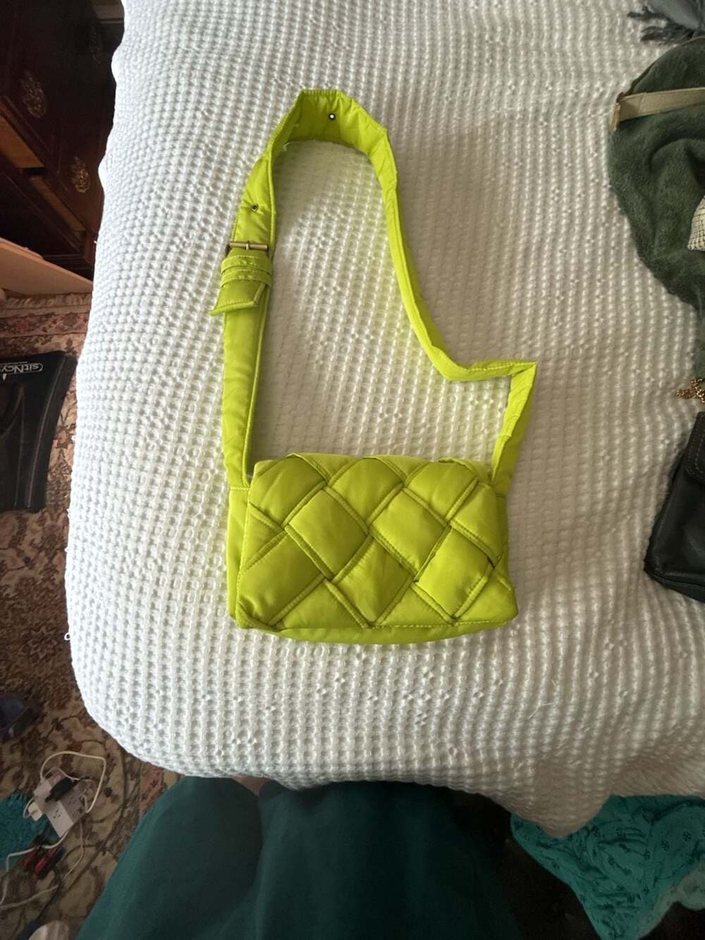 by Anthropologie Neon Yellow Quilted Woven Crossbody Bag